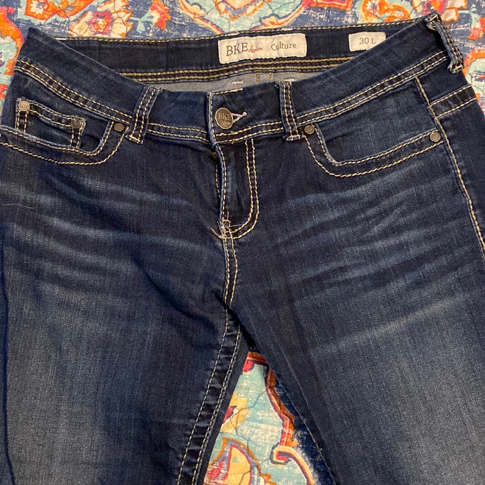 Bke womens jeans size 30 long but fit like 30 regular they have been tailored